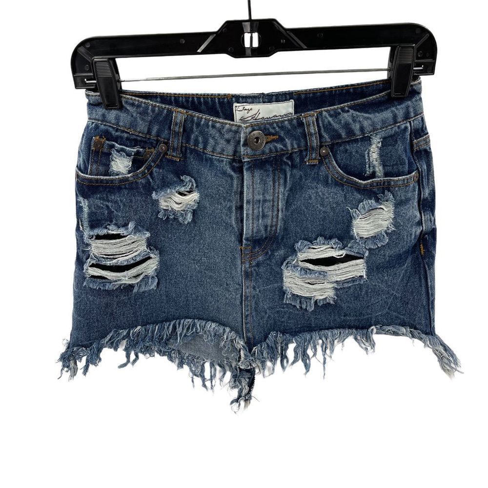 Vintage Havana distressed mini skirt button fly denim jean blue 4 26 S